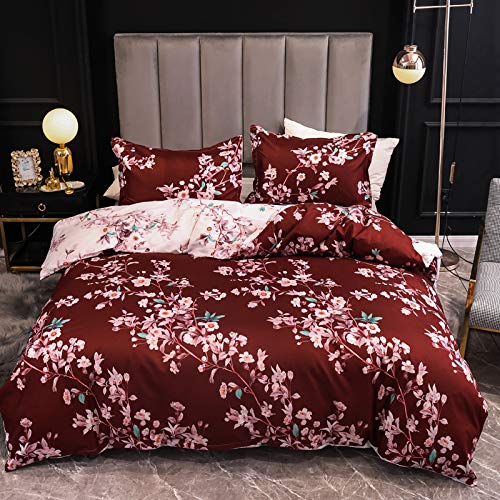 Boqingzhu Bettwäsche Blumen 200x220cm Rosa Planzenmuster Rot Weiß Wende Bettwäsche Set Microfaser 1 Bettbezug und 2 Kissenbezüge 80x80cm mit Reißverschluss