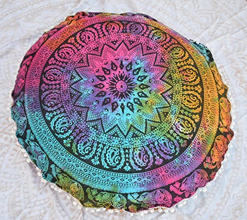 Ganesham Rundes Dekokissen im indischen Boho-Stil, Mandala, Tapisserie, Hippie, Rund, Sitzhocker, Ottoman, Mandala-Bodenkissen, 81 x 81 cm 80 cm multi