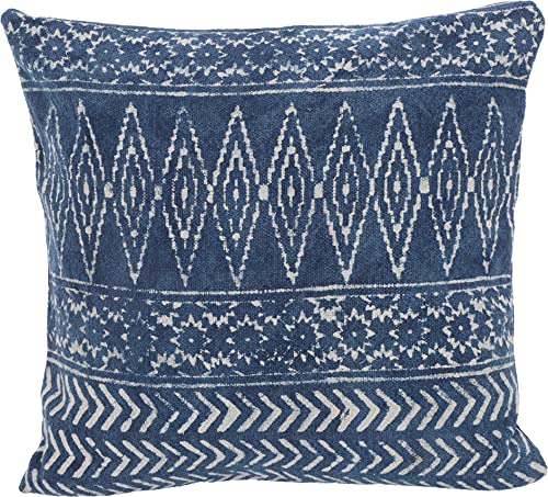 GURU SHOP Gewebter Kelim Kissenbezug Blockdruck, Dekokissen Bezug, Boho Kissen Traditionelle Herstellung - Muster 15, Blau, Baumwolle, 50x50x0,5 cm