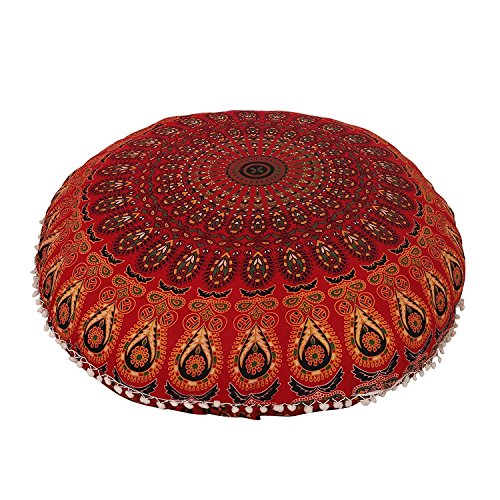 Ganesham Rundes Dekokissen im indischen Boho-Stil, Mandala, Tapisserie, Hippie, Rund, Sitzhocker, Ottoman, Mandala-Bodenkissen, 81 x 81 cm 80 cm rot