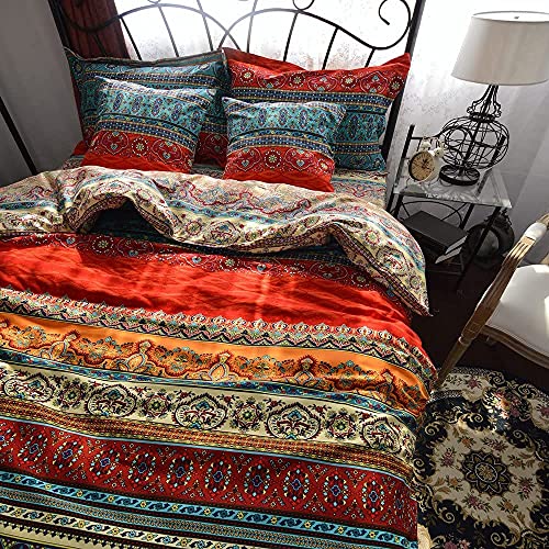 Qucover Biber Bettwäsche 220x240cm, Bunte Bettwäsche Set mit Bettlaken, Boho Doppelbett Bettbezug aus 100% Baumwolle mit Reißverschluss, Exotisch Böhmischer Stil, Weich & Warm