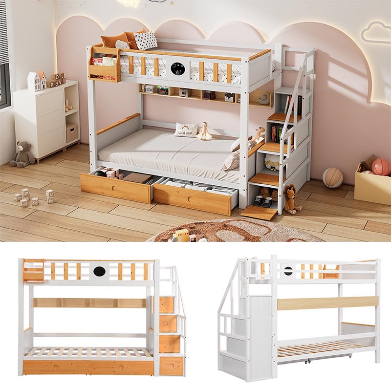 kubeier Hochbett 90x200cm, Doppelbett Kinderbett Hausbett Etagenbett mit Stauraumtreppe und 2 Schubladen, Kinderzimmer Hoch-Doppel-Stockbett für Jungen & Mädchen, Weiß+Natur