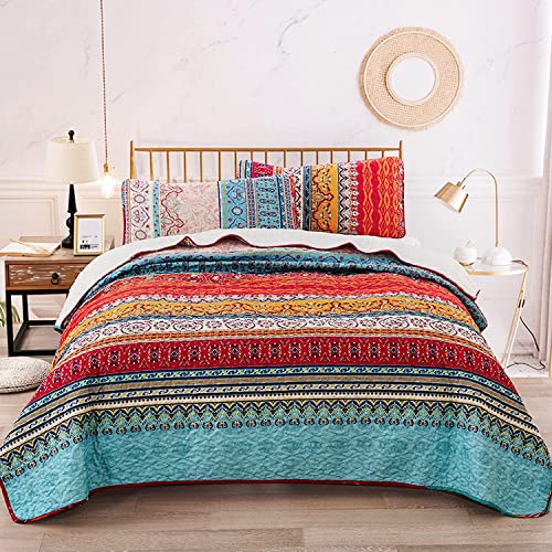 WONGS BEDDING Tagesdecke 200x220 Bettüberwurf Boho Decke Steppdecke 3 teilig Doppelbett Gesteppt Bettdecke Mikrofaser Wohndecke mit 2 Kissenbezug 50x75 für Schlafzimmer als Sofaüberwurf (Böhmisch)