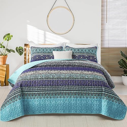 WONGS BEDDING Tagesdecke 200x220 Bettüberwurf Boho Decke Steppdecke 3 teilig Doppelbett Gesteppt Bettdecke Mikrofaser Wohndecke mit 2 Kissenbezug 50x75 für Schlafzimmer als Sofaüberwurf (Blau)