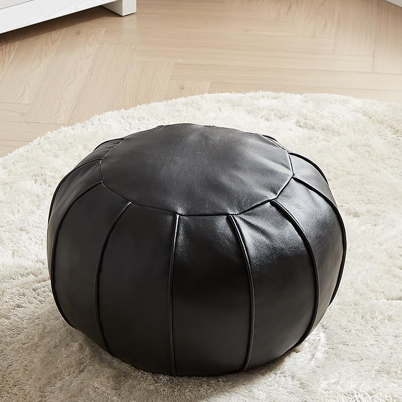 Louis Donné Premium Artisanal Leder Pouf, handgefertigt, ungefüllt, Ottoman-Pouf Bezug, Fußhocker, runder Pouff, Fußhocker, Bodenkissen (schwarz)