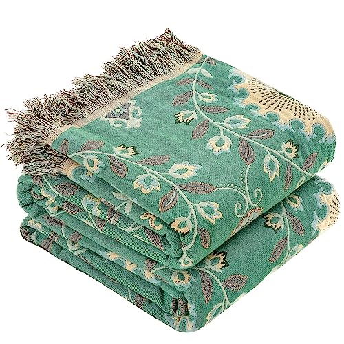HOORDRY 100% Baumwolle Boho Decke 150x200CM,Doppelseitig gewebte tagesdecke mit Fransen Couchdecke Sesseldecke Wohndecke Wendedecke Kuscheldecke Sofadecke mit Muster,Sonnenblumen,Grün/Beige