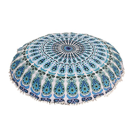 Radhykrishnafashions Indischer 81,3 cm großer Hippie-Mandala-Bodenkissenbezug – Kissenbezug – Pouf-Bezug rund Bohemian Yoga Decor Bodenkissen Fall (blau weiß)