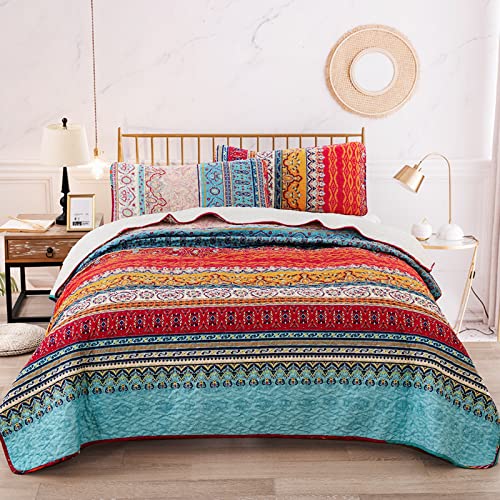 WONGS BEDDING Tagesdecke 220x240 Bettüberwurf Boho Decke Steppdecke 3 teilig Doppelbett gesteppt Bettdecke Mikrofaser Wohndecke mit 2 Kissenbezug 50x70 für Schlafzimmer als Sofaüberwurf (Böhmisch)