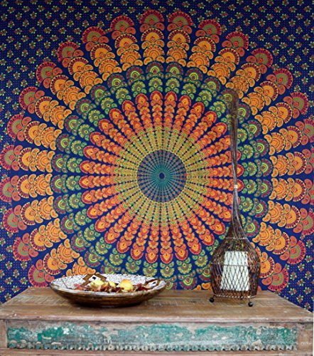 GURU SHOP Boho-Style Wandbehang, Indische Tagesdecke Mandala Druck - Blau/orange/grün, Baumwolle, 220x210x0,2 cm, Bettüberwurf, Sofa Überwurf