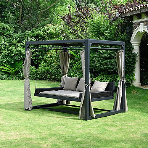 Home Deluxe - Sonnenliege Pavillon Provence - Schwebendes Rattanbett inkl. schließbare Vorhänge | Hollywoodschaukel, Doppel-Gartenliege, Lounge-Pavillon