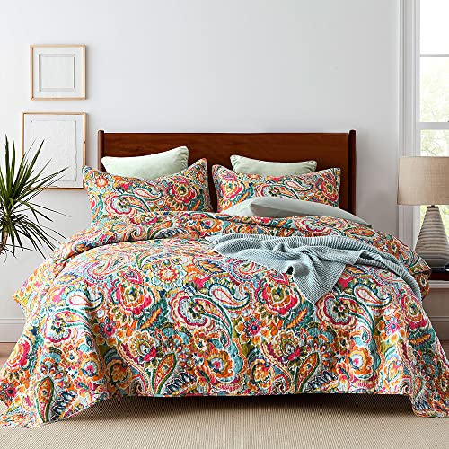 VISIMISI Cotton Bedspread Quilt Sets Reversible Coverlet Sets Comforters Vintage Bohemian Patchwork Bedspread (Yellow Red Paisley Floral, Queen Size)