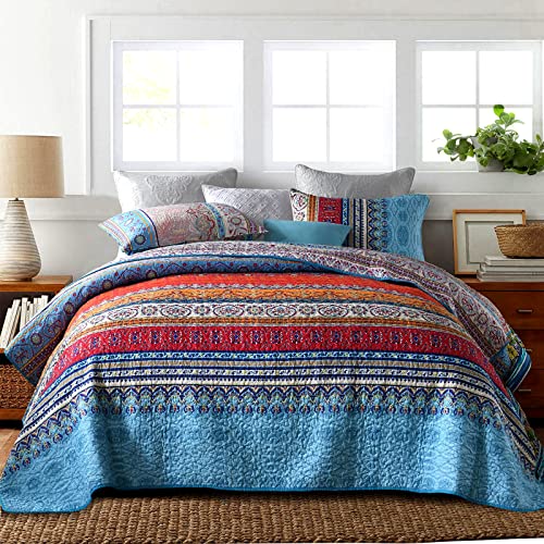 Qucover Boho Tagesdecke 220x240cm Bettüberwurf, Mikrofaser Tagesdecke Set mit 2 Kissenbezüge 50x70cm für Doppelbett, Ultra-weich Tagesdecke Gesteppte, Ethno Tagesdecke, Sofa Überwurfdecke Wohndecke