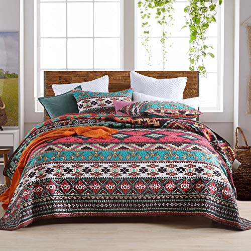 Qucover Tagesdecke 220x240 Boho Stil, Decke aus Mikrofaser für Bett, Indische Doppelbett Bettüberwurf, Bunte Gesteppte Decke Set mit Kissen