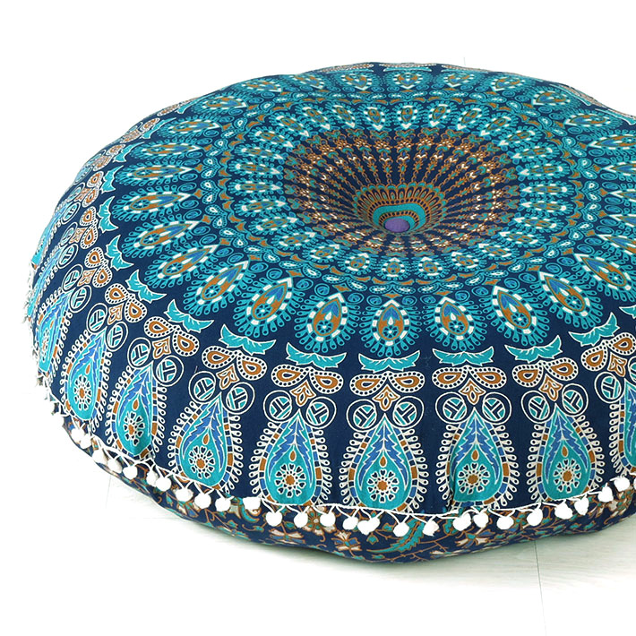 Eyes of India Mandala-Bodenkissenbezug, Meditationskissen, Sitzüberwurf, Hippie, rund, bunt, dekorativ, Bohemian, Boho, Hundebett, indischer Pouf, Baumwolle, A1 Blau 1, 32 in. (80 cm) Diameter